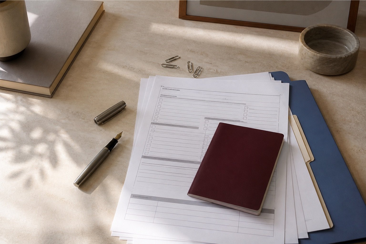 Formularios genéricos, carpeta y libreta de viaje preparados para un expediente de extranjería